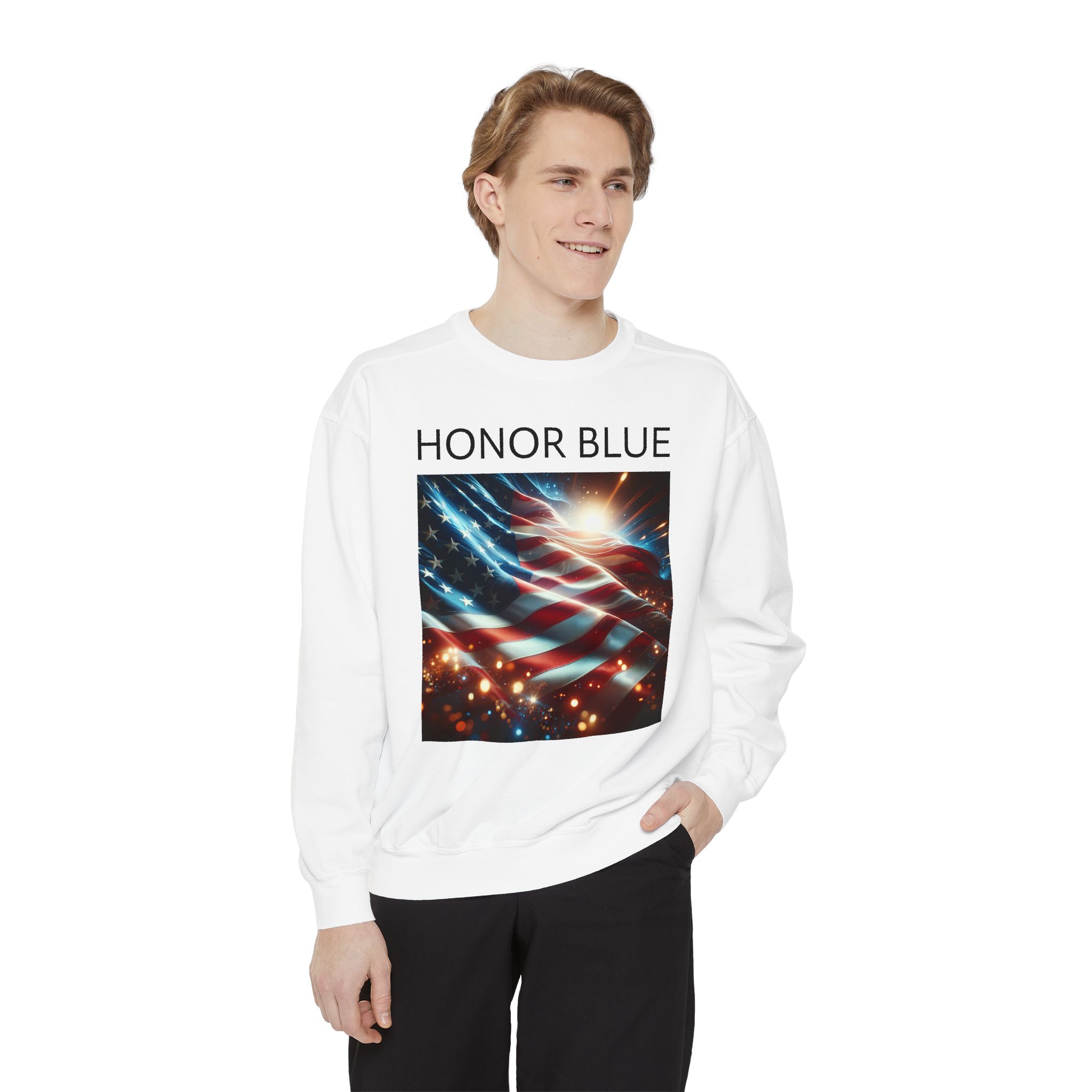 Honor Blue Unisex Garment-Dyed Sweatshirt - Patriotic American Flag Design - Image 3