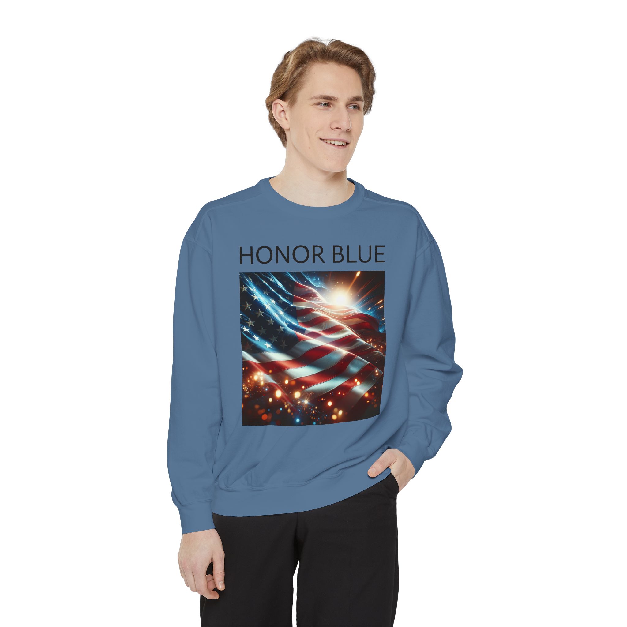 Honor Blue Unisex Garment-Dyed Sweatshirt - Patriotic American Flag Design - Image 31