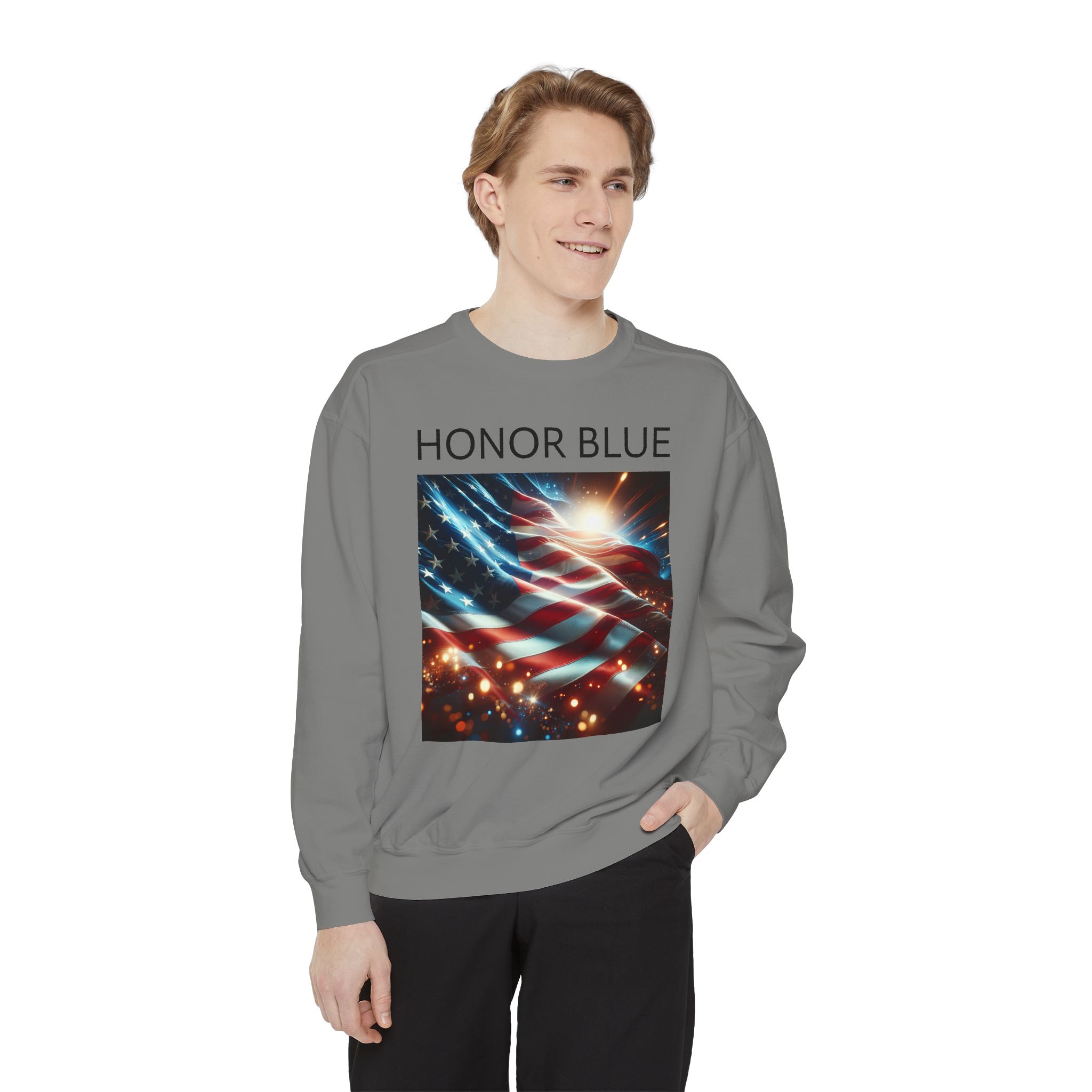 Honor Blue Unisex Garment-Dyed Sweatshirt - Patriotic American Flag Design - Image 15