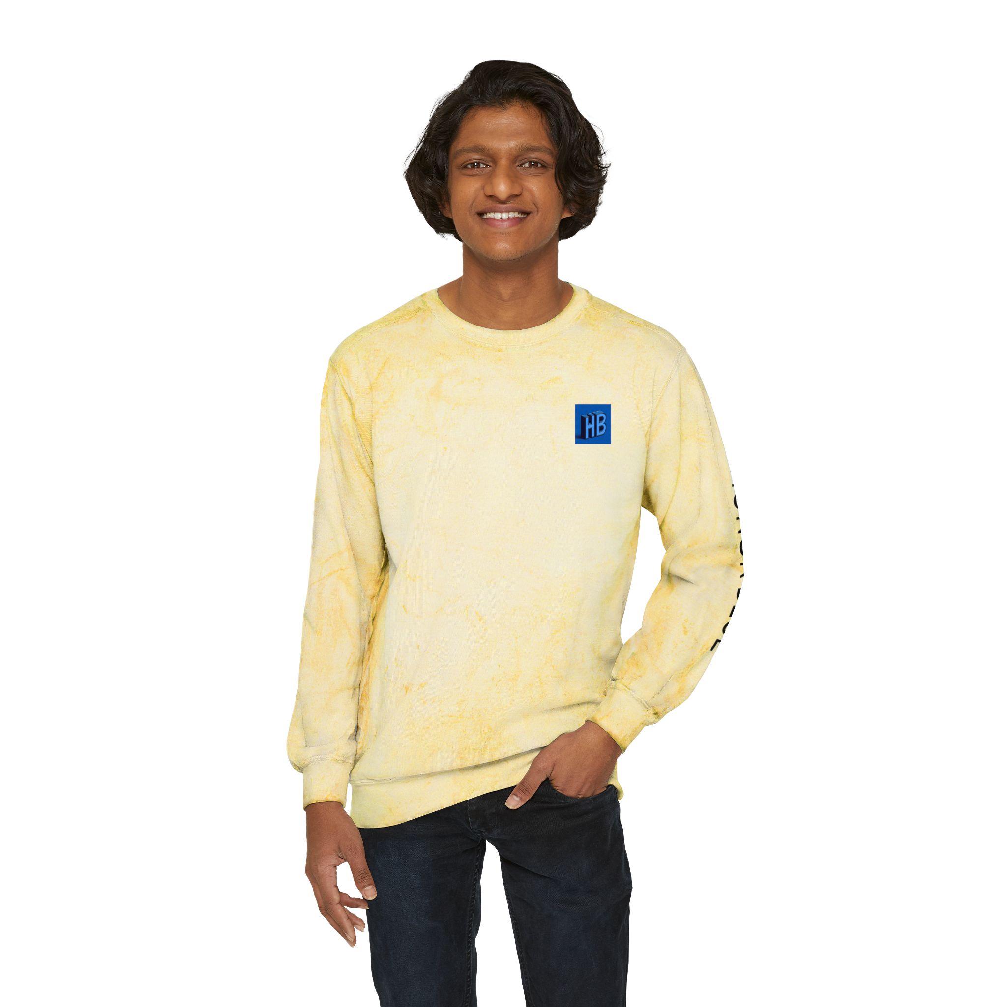 Unisex Color Blast Crewneck Sweatshirt - Vibrant Yellow with Honor Blue Design - Image 3
