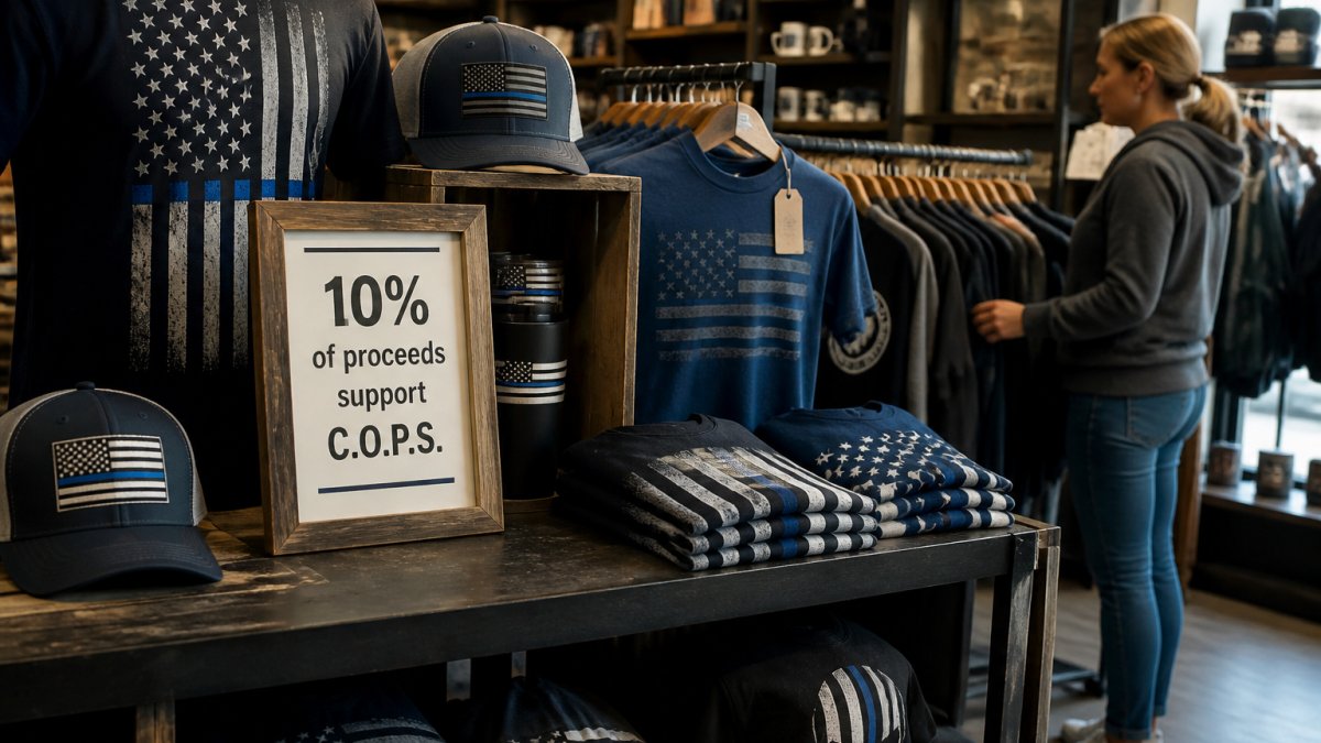 A retail display of patriotic apparel items with a small sign reading '10% of proceeds support C.O.P.S.' in a well-lit boutique setting, a customer browsing respectfully in the background